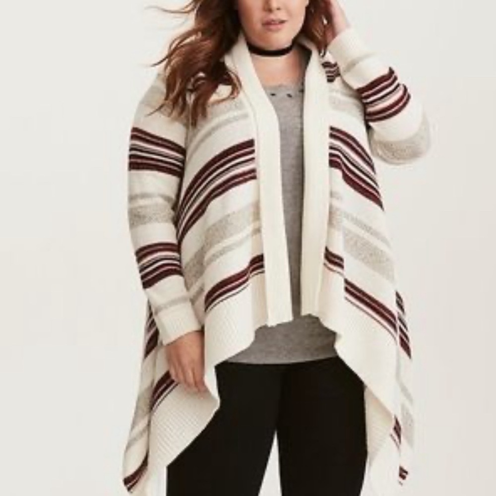 Torrid Large Cream Stripped Open Front Draped Cardigan